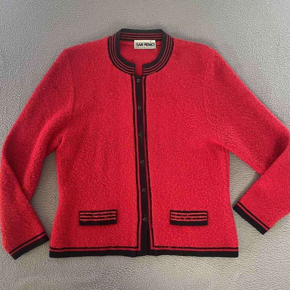 Vintage San Remo Cardigan Sweater Red Black Size Medium Acrylic‎ Blend